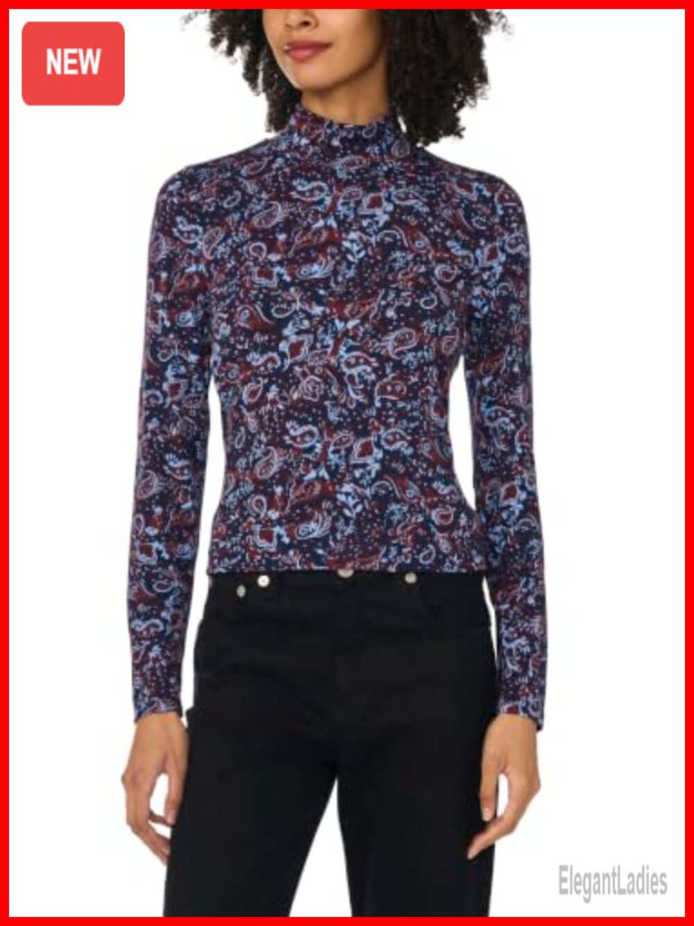 Floral Mock Neck Long Sleeve Top Cuff Sleeve Regular Fit